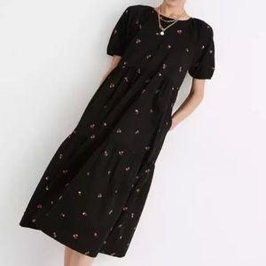 Madewell Black Cattail Embroidered Tiered Short Sleeve Midi Dress Sz S